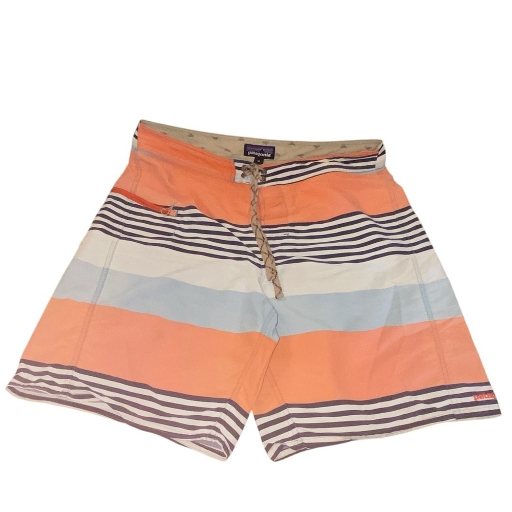 Patagonia Orange Blue Striped Board Shorts Swim Trunks Bathing suit Vacation - Picture 3 of 15